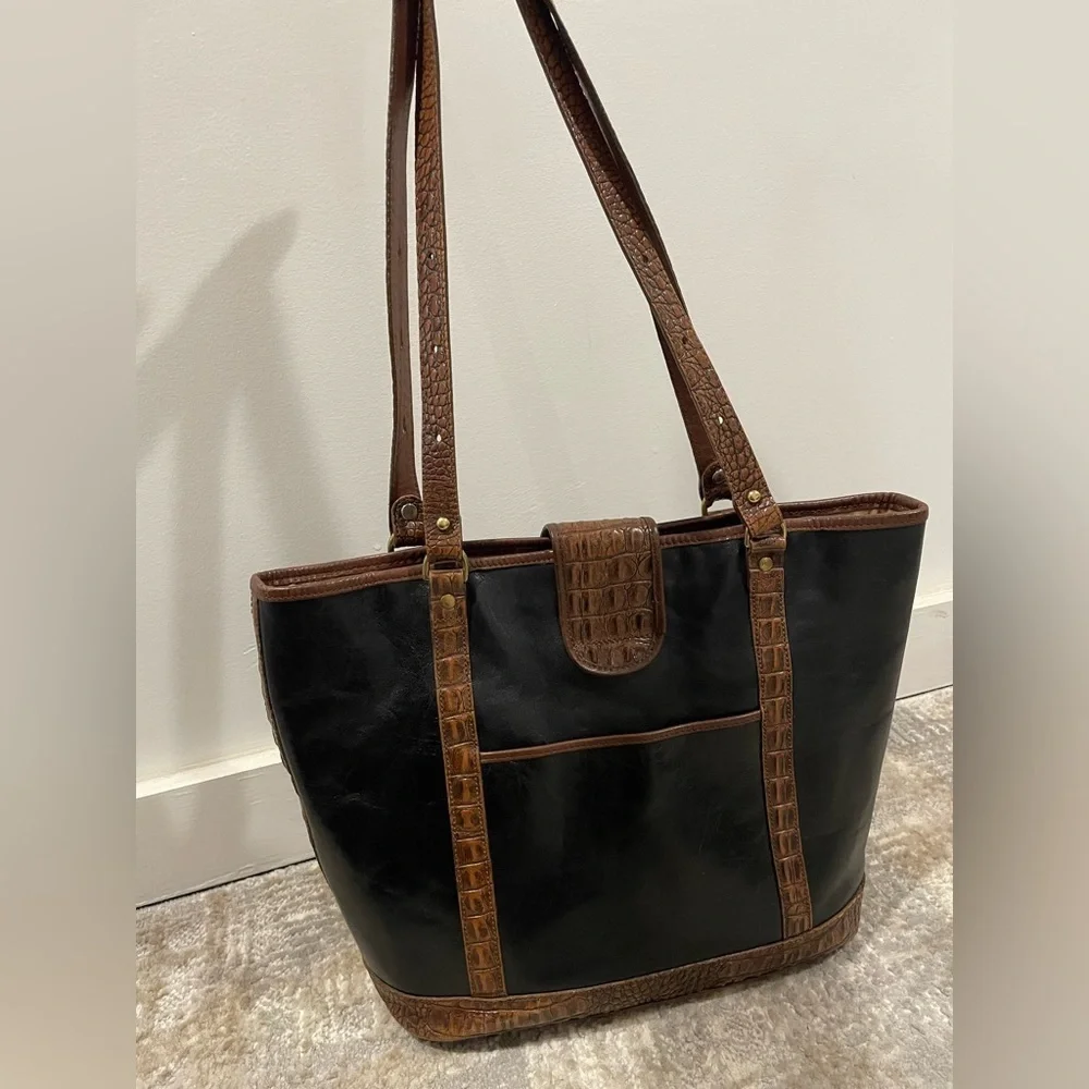 Vintage Brahmin Black Brown Croc Leather Tote Satchel Handbag Shoulder Bag